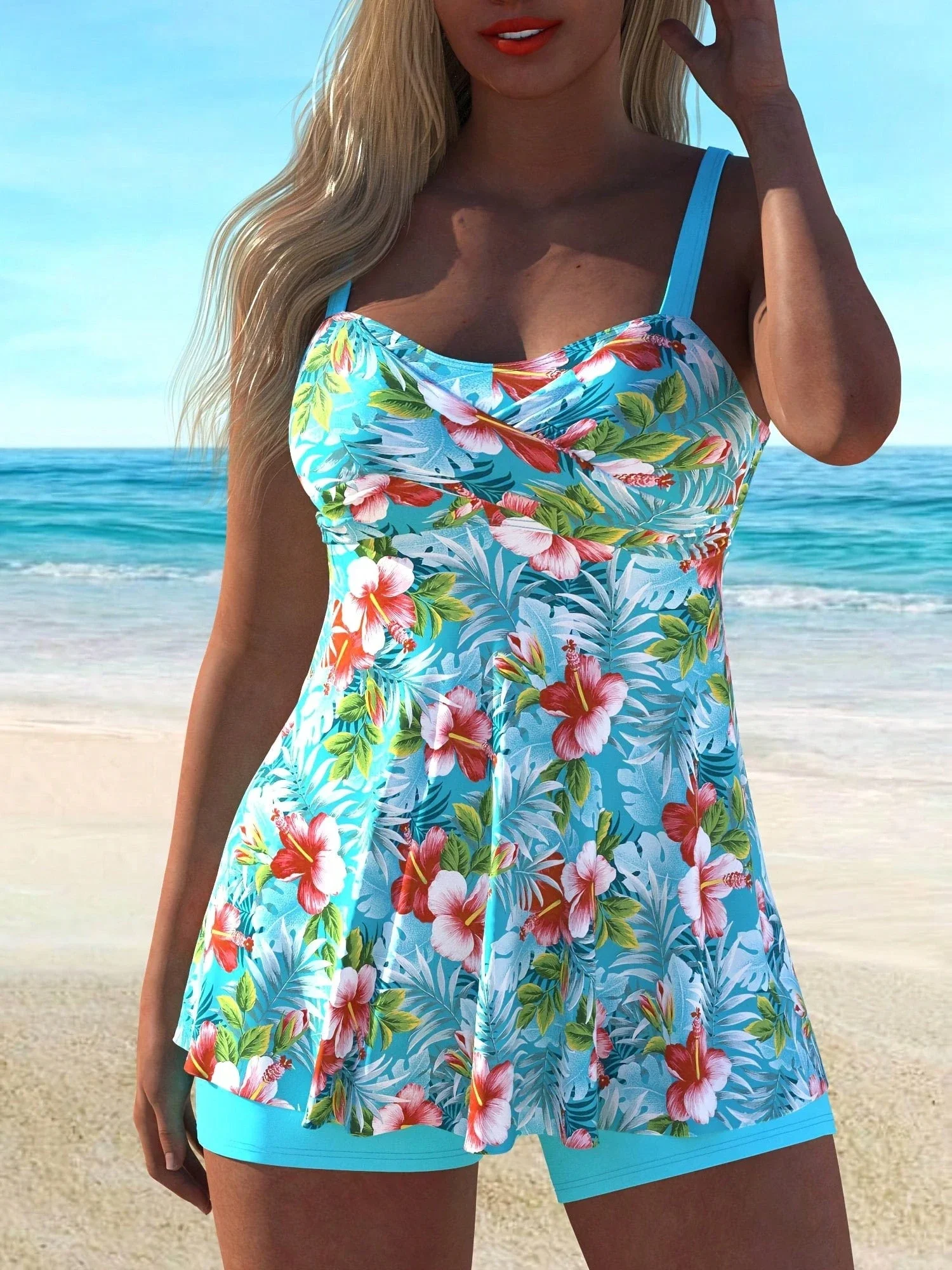 Hibiscus Floral Tankini Set With Shorts, Off-Shoulder Halter Backless Design For Plus Size Women Beach Resort Wear
Hibiscus Floral Tankini Set With Shorts, Off-Shoulder Halter Backless Design For Plus Size Women Beach Resort Wear