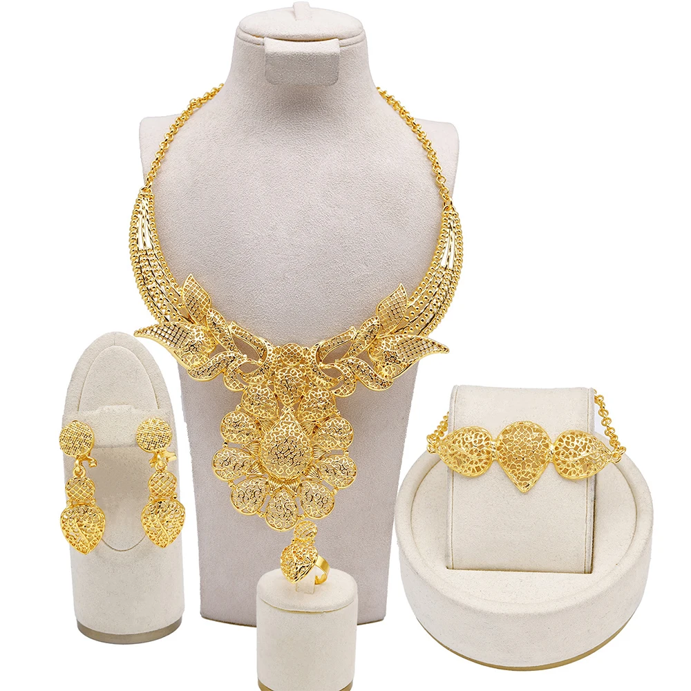 Bridal Jewelry Flower Necklace Drop Earring Bracelets Ring Bangle Golden Color Wedding Gift Party Women Engagement Jewelry Set
Bridal Jewelry Flower Necklace Drop Earring Bracelets Ring Bangle Golden Color Wedding Gift Party Women Engagement Jewelry Set