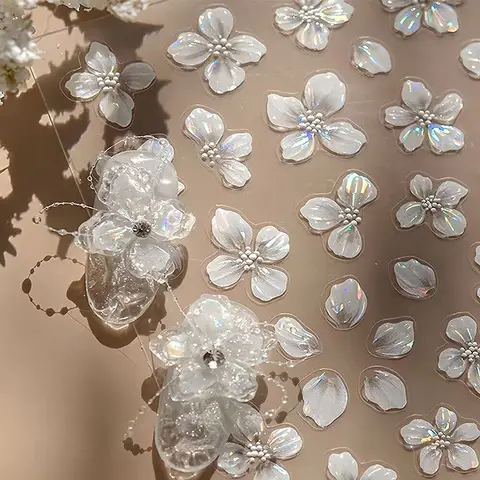 Novo hipster flores brancas puras rosa primavera lírio camélia margarida geléia flor de cerejeira adesivos de arte de unha decalques de manicure zjt11