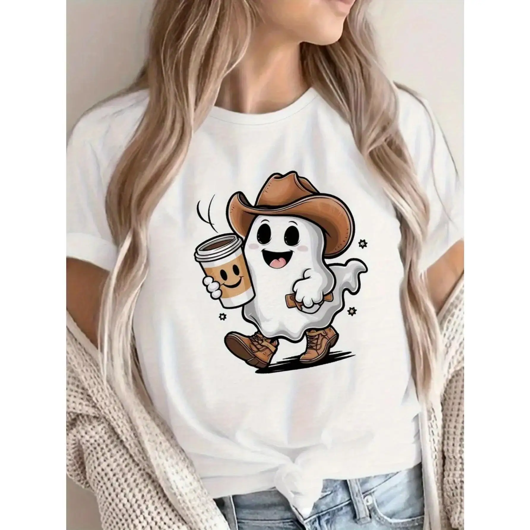 Women's Cute Ghost T-shirt Cowboy Hat Coffee Print Short Sleeve Loose Funny Halloween Vibe Top Cartoon Spooky Gift
Women's Cute Ghost T-shirt Cowboy Hat Coffee Print Short Sleeve Loose Funny Halloween Vibe Top Cartoon Spooky Gift