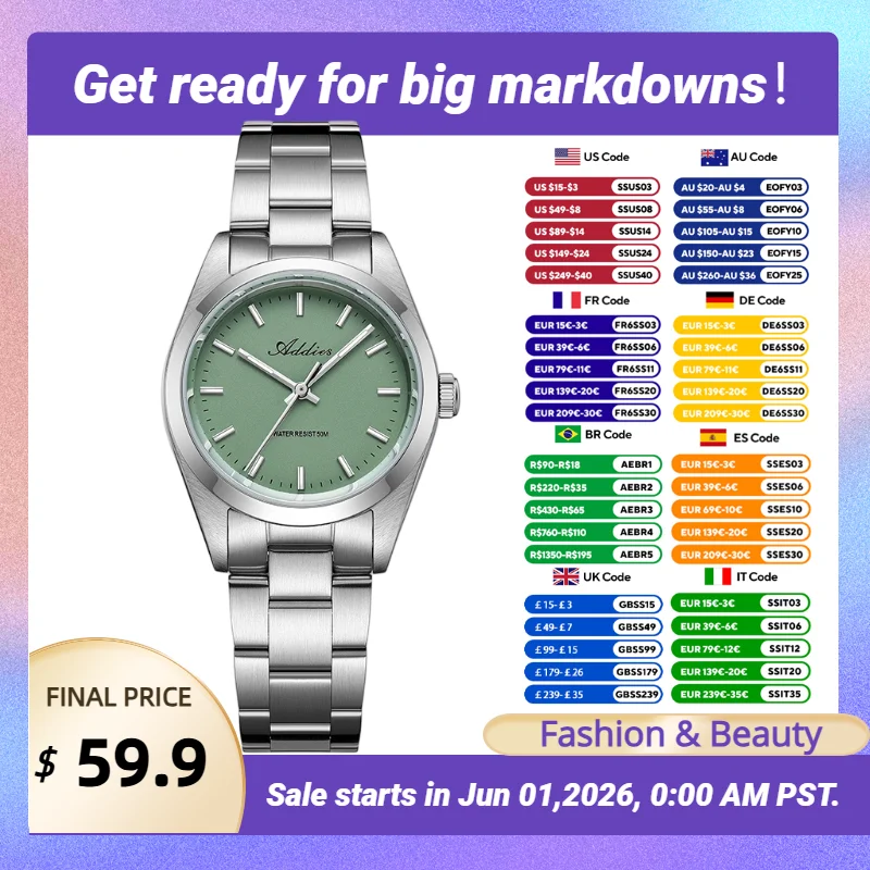 Addies Elegant Women Watch Luxury Sapphire Waterproof Stainless Steel Watches BGW9 Ultra-Bright Luminous 31mm Lady Quartz Watch
Addies Elegant Women Watch Luxury Sapphire Waterproof Stainless Steel Watches BGW9 Ultra-Bright Luminous 31mm Lady Quartz Watch