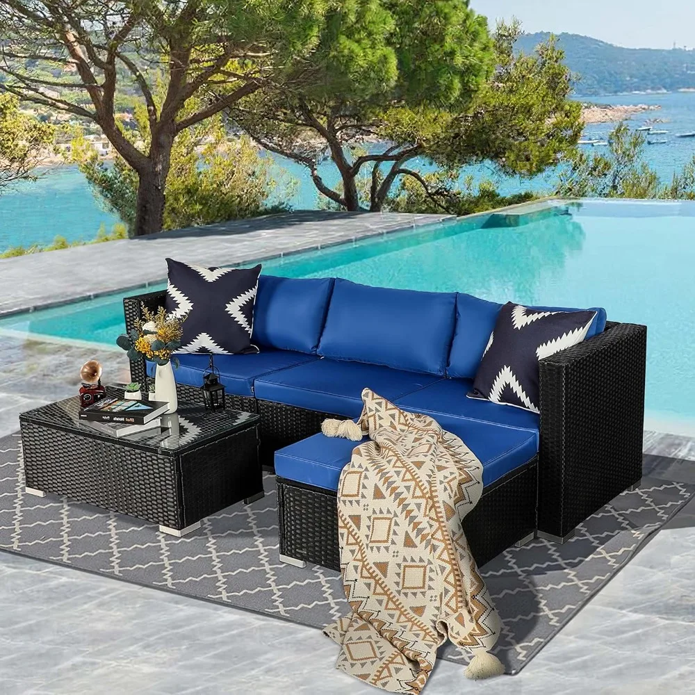 5-Piece Modern Blue PE Rattan Patio Furniture Set, Outdoor Living Room Sets, Patio Furniture Sets
5-Piece Modern Blue PE Rattan Patio Furniture Set, Outdoor Living Room Sets, Patio Furniture Sets