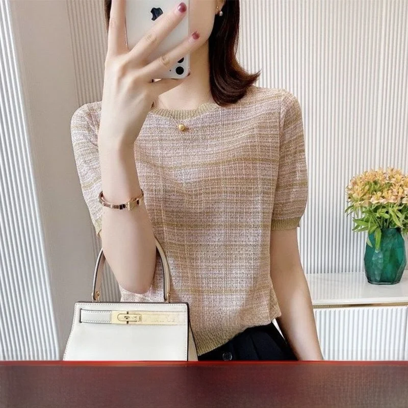 Slim Fit round Neck Short Sleeve Knitted Linen Women's Top Fashionable Commute Style Summer Thin Outerwear Casual Shirt
Slim Fit round Neck Short Sleeve Knitted Linen Women's Top Fashionable Commute Style Summer Thin Outerwear Casual Shirt