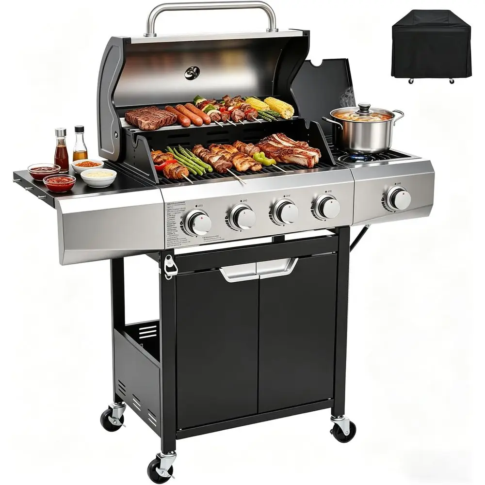 48,000 BTU 4-Burner Propane Gas Grill with Side Burner, Large 452 sq.in Stainless Steel BBQ Grill, Enameled Cast Iron Grates, 4
48,000 BTU 4-Burner Propane Gas Grill with Side Burner, Large 452 sq.in Stainless Steel BBQ Grill, Enameled Cast Iron Grates, 4