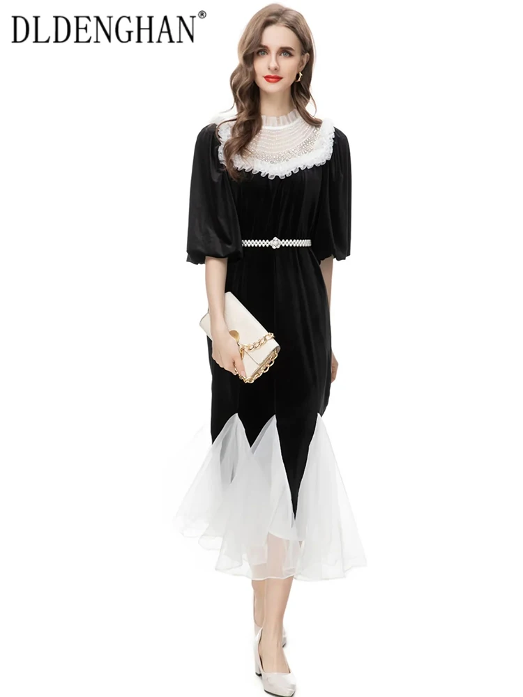 DLDENGHAN Fashion Designer Autumn Velvet Mermaid Dress Women Stand Collar Puff Sleeve Beading Crystal Patchwork Vintage Dress
DLDENGHAN Fashion Designer Autumn Velvet Mermaid Dress Women Stand Collar Puff Sleeve Beading Crystal Patchwork Vintage Dress