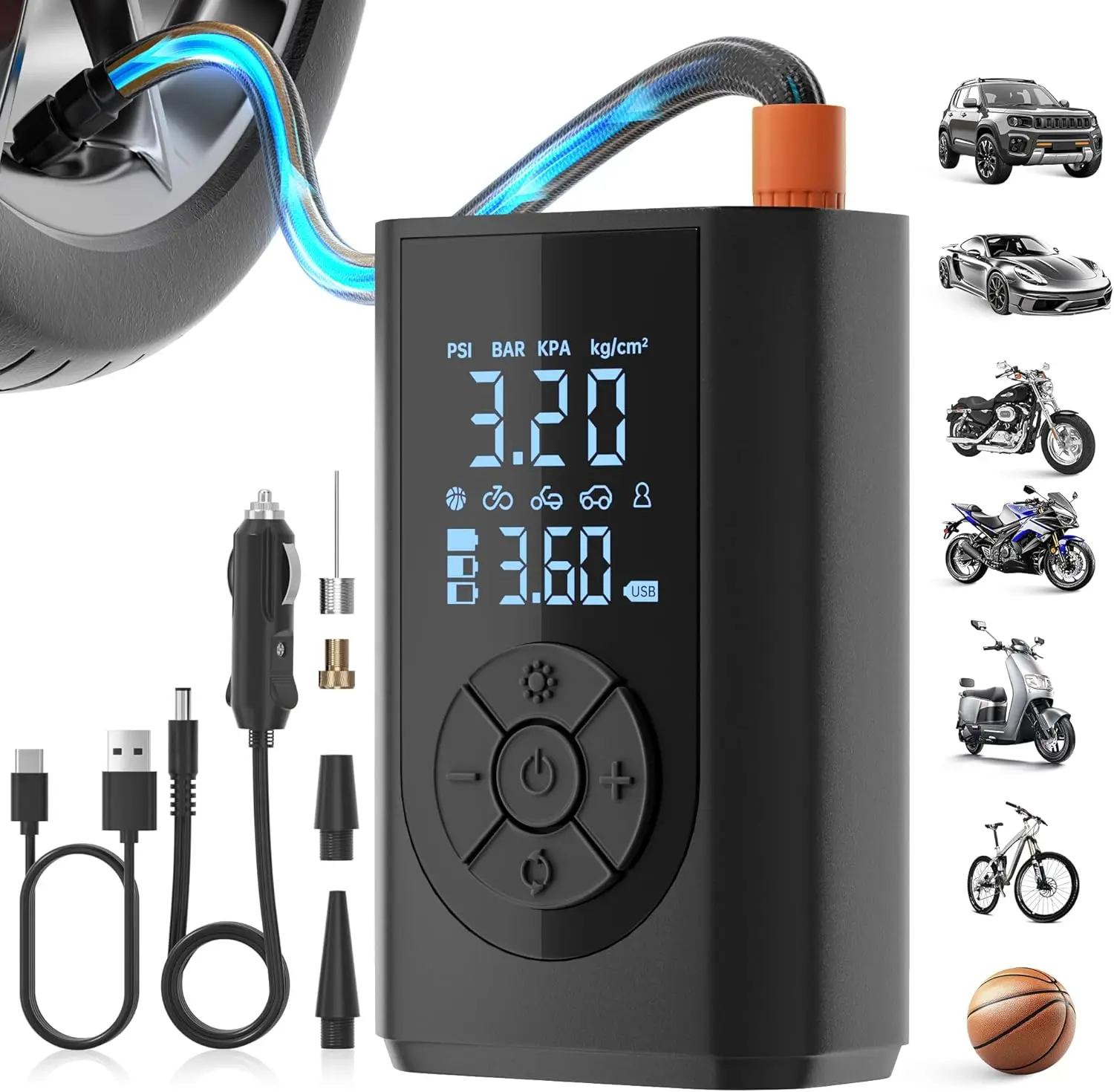 Portable Tire Inflator 150 PSI Air Pump with Digital Gauge, LED Light, Auto Shut-Off for Car, Motorcycle, Bike, Balls
Portable Tire Inflator 150 PSI Air Pump with Digital Gauge, LED Light, Auto Shut-Off for Car, Motorcycle, Bike, Balls