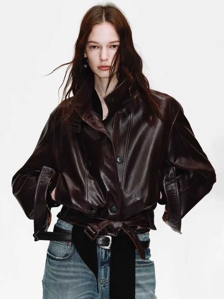 Vintage Short Genuine Leather Motorcycle Jackets for Women High-end Simple Stand Collar Oil Wax Real Goatskin Coat with Belt
Vintage Short Genuine Leather Motorcycle Jackets for Women High-end Simple Stand Collar Oil Wax Real Goatskin Coat with Belt