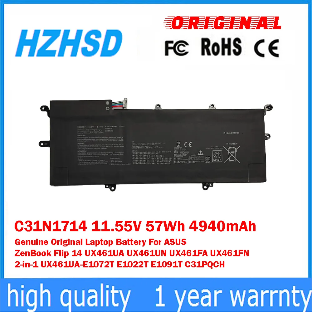 C31N1714 11.55V 57Wh 4940mAh Genuine Original Laptop Battery For ASUS ZenBook Flip 14 UX461UA/N UX461FA UX461FN UX461UA-E1072T
C31N1714 11.55V 57Wh 4940mAh Genuine Original Laptop Battery For ASUS ZenBook Flip 14 UX461UA/N UX461FA UX461FN UX461UA-E1072T