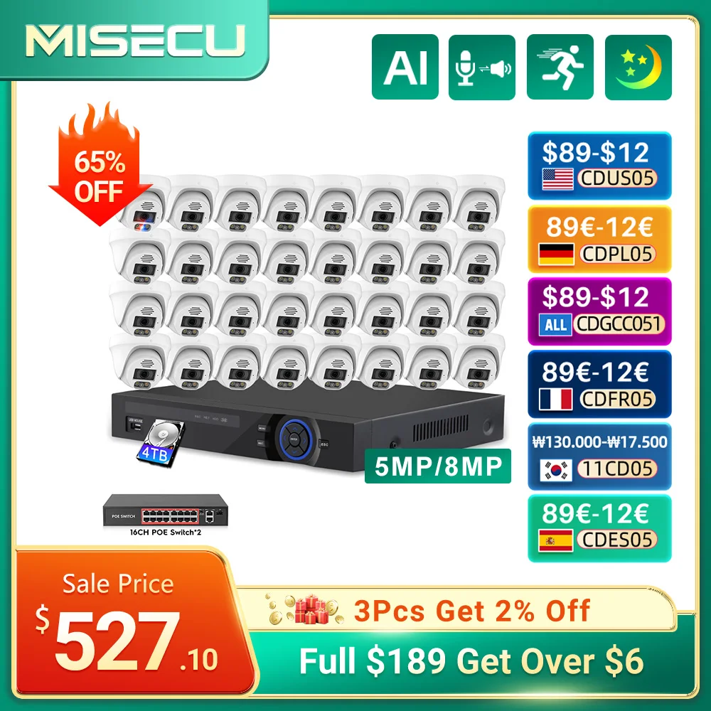 MISECU 32CH NVR 4K POE Security Camera System 8MP 5MP AI Face Detection Two Way Audio CCTV Video Surveillance Set XMEYE Kits
MISECU 32CH NVR 4K POE Security Camera System 8MP 5MP AI Face Detection Two Way Audio CCTV Video Surveillance Set XMEYE Kits