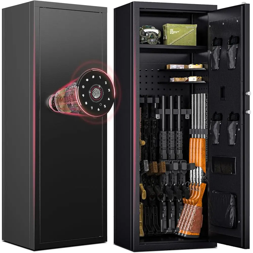 Biometric Large Rifle and Pistol Safe with 4 Pockets, Fingerprint Access, Password Lock, and DIY Back Panel for Home Security