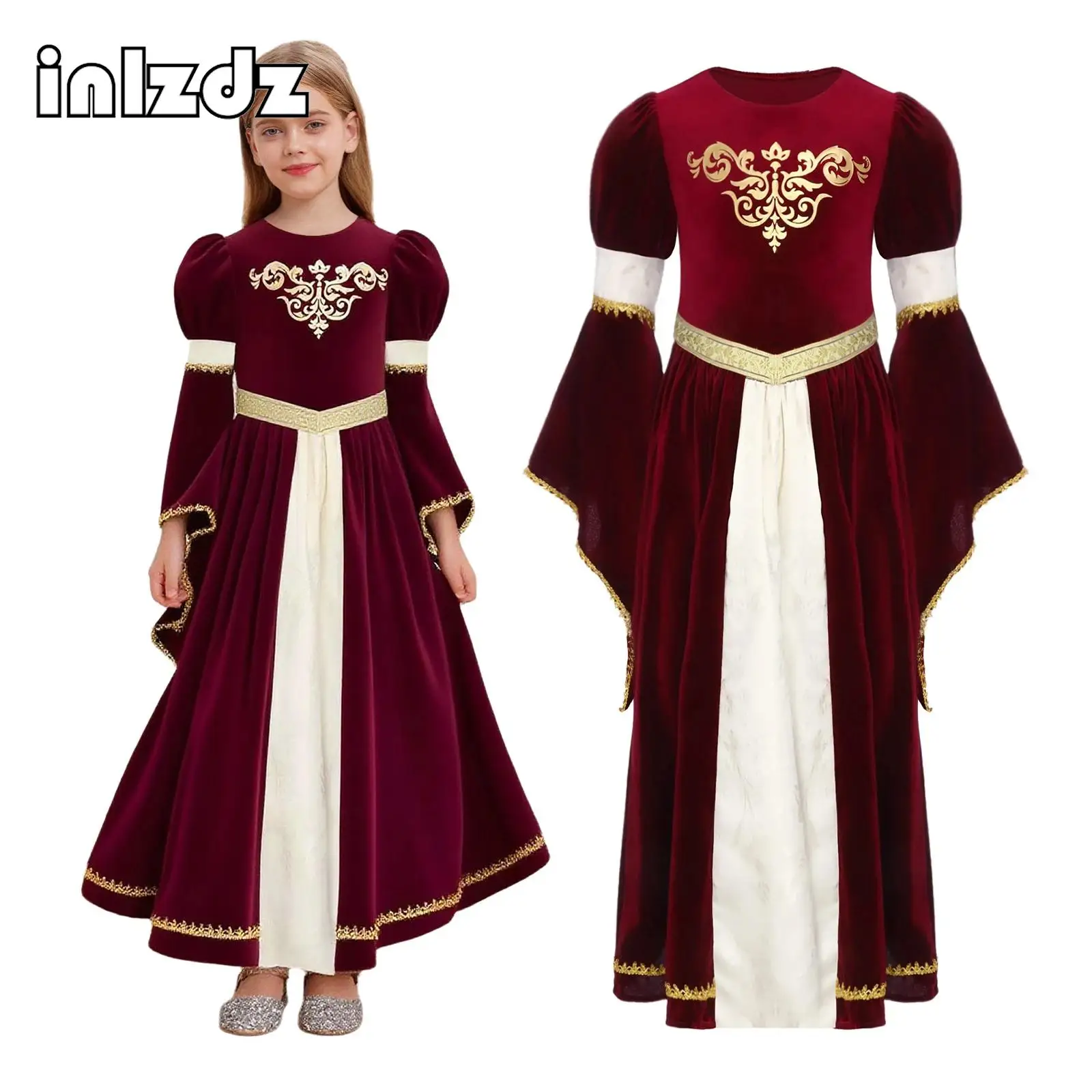 Girls Halloween Medieval Princess Costume Bell Sleeve Chest Gold Waist Band Webbing Trim Long Dress for Renaissance Themed Party
Girls Halloween Medieval Princess Costume Bell Sleeve Chest Gold Waist Band Webbing Trim Long Dress for Renaissance Themed Party