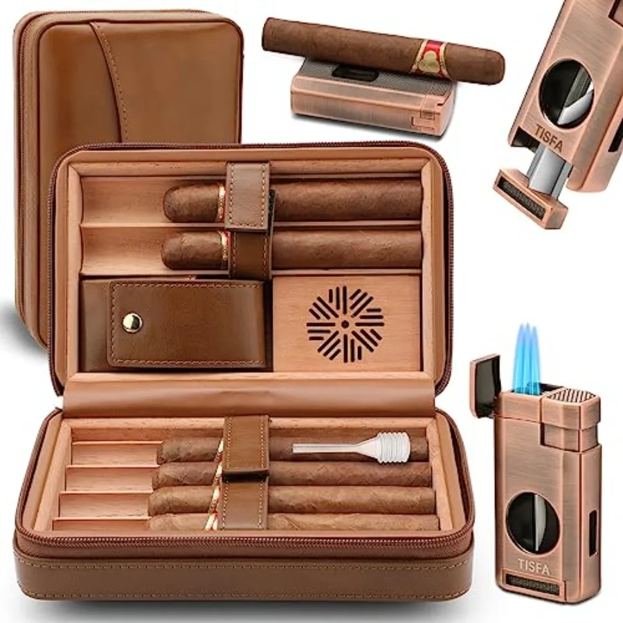 TISFA Cigar Humidor Leather Cedar Wood Cigar Case with Cigar Lighter V Cut Cigar Cutter Cigar Holder 3 in 1 Portable Travel Cig
TISFA Cigar Humidor Leather Cedar Wood Cigar Case with Cigar Lighter V Cut Cigar Cutter Cigar Holder 3 in 1 Portable Travel Cig