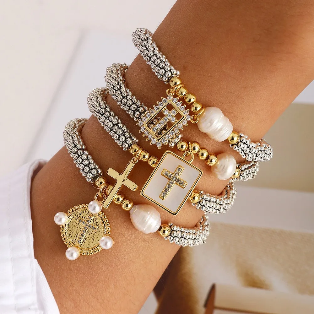 Trendy Golden Rectangular Round-shaped Cross Bracelets Niche and Versatile Zircon Studded Beaded Pearl Blangle for Woman Gifts
Trendy Golden Rectangular Round-shaped Cross Bracelets Niche and Versatile Zircon Studded Beaded Pearl Blangle for Woman Gifts
