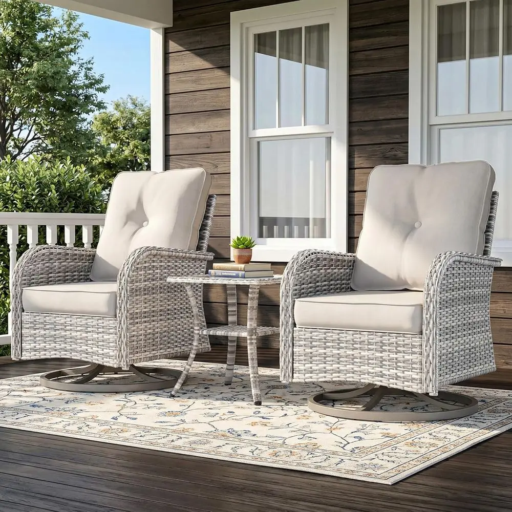 Compact 3-Piece Patio Furniture Set: Outdoor Swivel Rocking Chairs with Wicker and Tempered Glass Table for Balcony, Deck, Porch
Compact 3-Piece Patio Furniture Set: Outdoor Swivel Rocking Chairs with Wicker and Tempered Glass Table for Balcony, Deck, Porch
