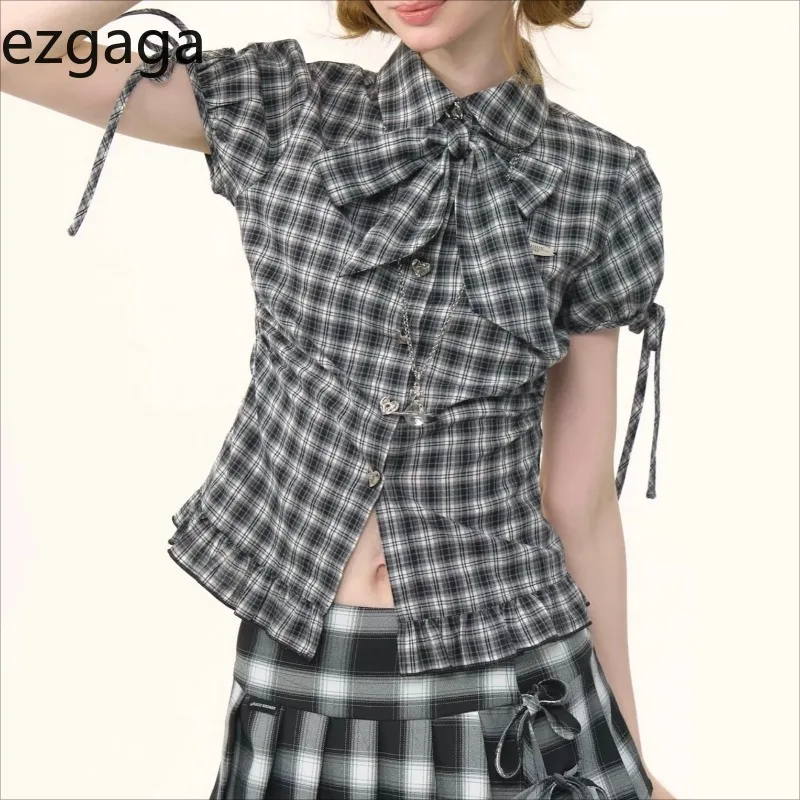 Ezgaga Plaid Shirts Women Turn Down Collar Bow Bandage Ruffles Short Sleeve Sweet Summer Fashion Blouse Ladies Casual Tops 
Ezgaga Plaid Shirts Women Turn Down Collar Bow Bandage Ruffles Short Sleeve Sweet Summer Fashion Blouse Ladies Casual Tops