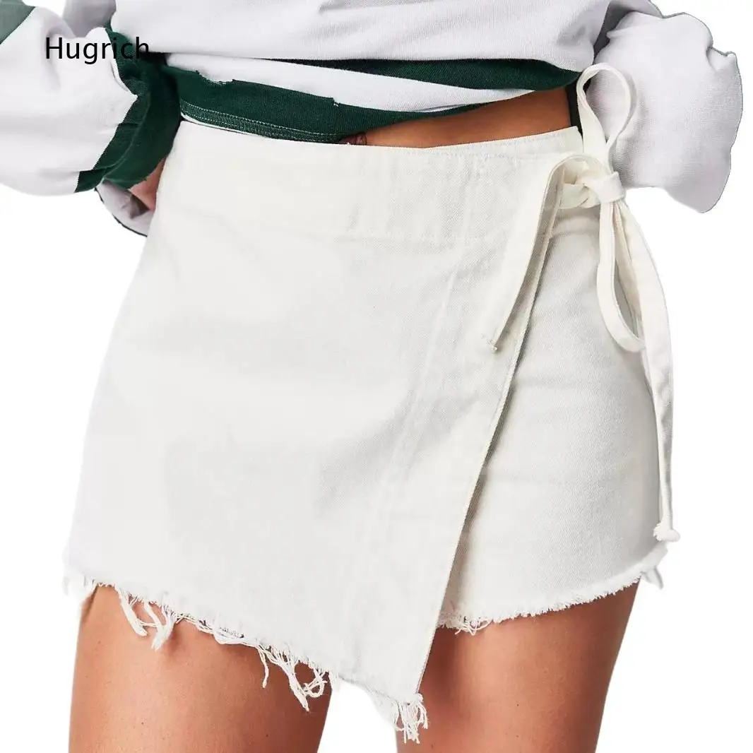 Side Tie Wrap Front Denim Skort Solid White Frayed Raw Hem Irregular Layered Mini Skort Casual Streetwear Shorts
Side Tie Wrap Front Denim Skort Solid White Frayed Raw Hem Irregular Layered Mini Skort Casual Streetwear Shorts