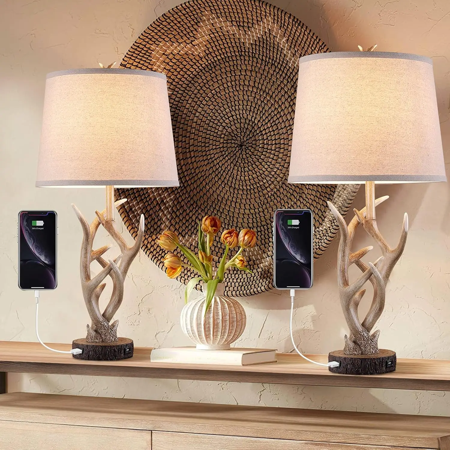 Rustic Antler Table Lamp Set of 2 - 26" Farmhouse Lamps with Dual USB Ports for Bedroom Living Room Office
Rustic Antler Table Lamp Set of 2 - 26" Farmhouse Lamps with Dual USB Ports for Bedroom Living Room Office