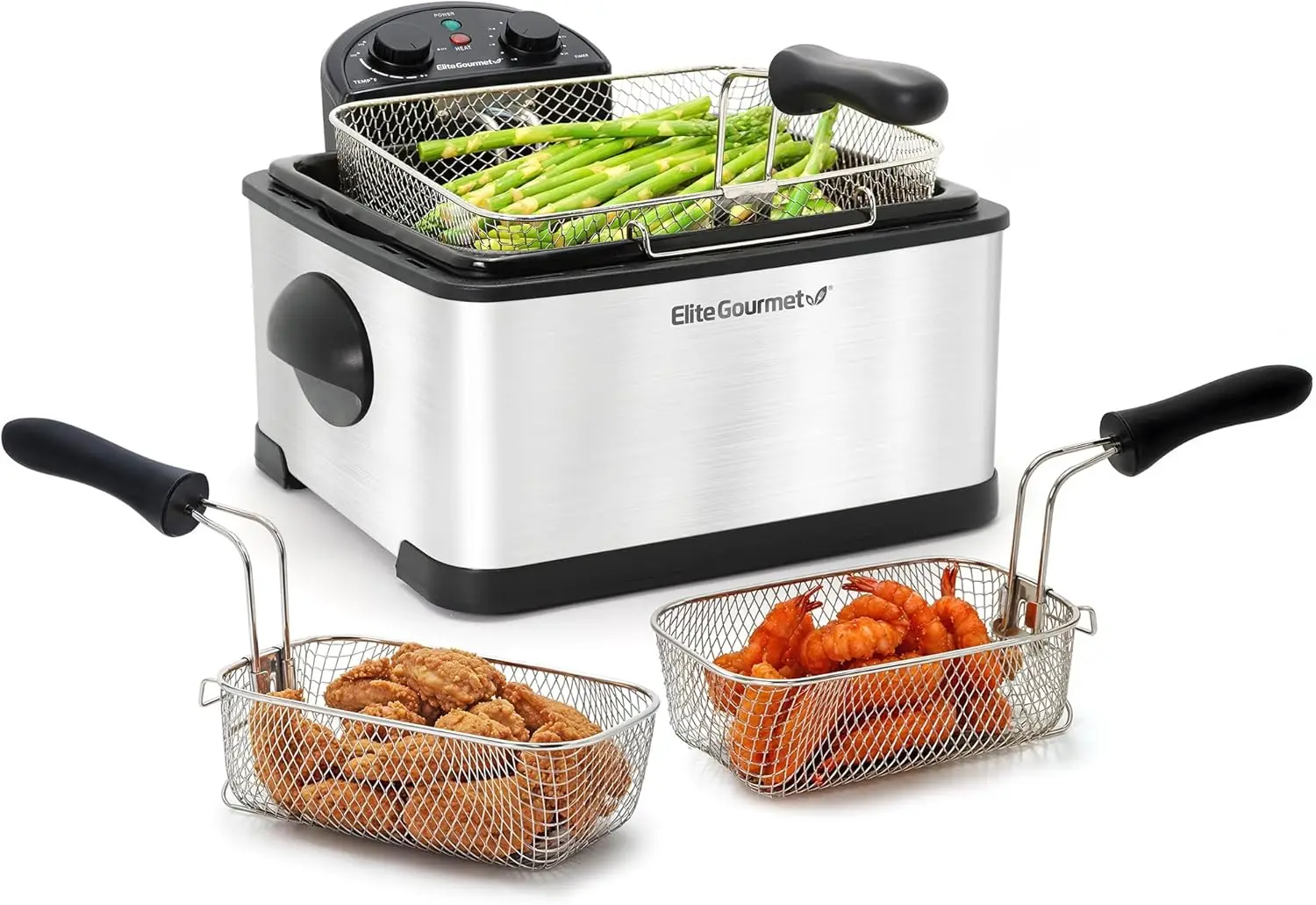 4.5 Qt. Immersion Deep Fryer 1700W, 3 Baskets, Timer, Adjustable Temp, Lid with Viewing Window & Odor Filter
4.5 Qt. Immersion Deep Fryer 1700W, 3 Baskets, Timer, Adjustable Temp, Lid with Viewing Window & Odor Filter