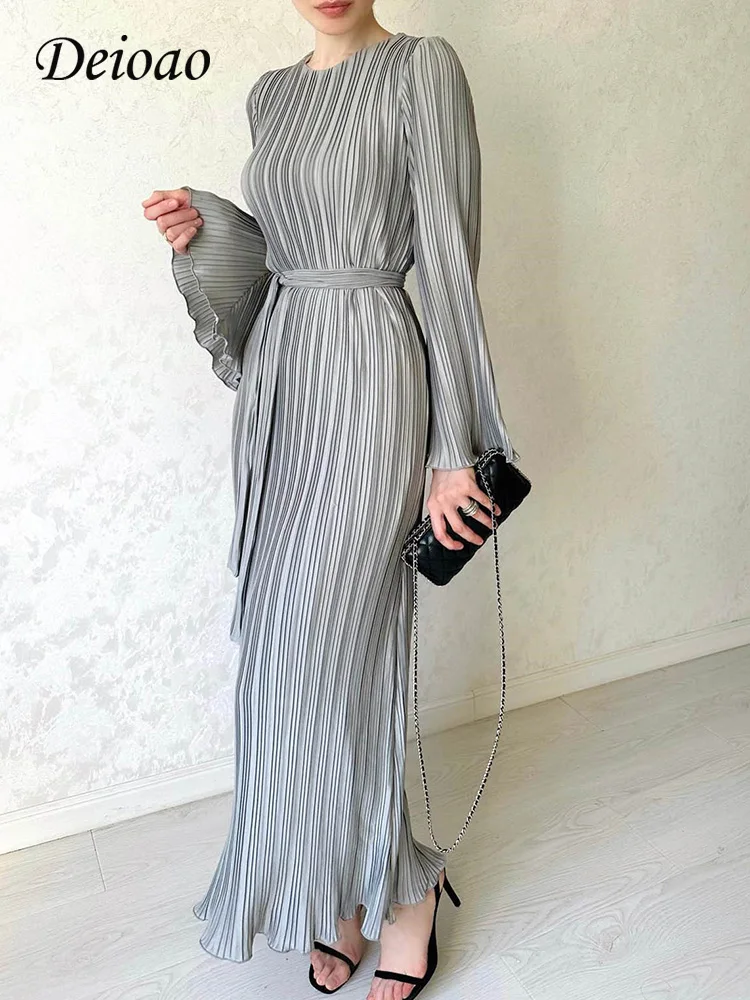 Deioao Elegant Fashion Dress For Women Pleated Summer Office Long Sleeve O-neck Solid Color Lace-Up Dresses Female Clothing
Deioao Elegant Fashion Dress For Women Pleated Summer Office Long Sleeve O-neck Solid Color Lace-Up Dresses Female Clothing