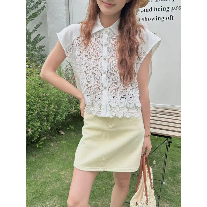 Korean Style Loose Fit Lace Embroidery Hollow out Sleeveless Shirt Women's Breathable Summer New Fashion Top with Collar
Korean Style Loose Fit Lace Embroidery Hollow out Sleeveless Shirt Women's Breathable Summer New Fashion Top with Collar