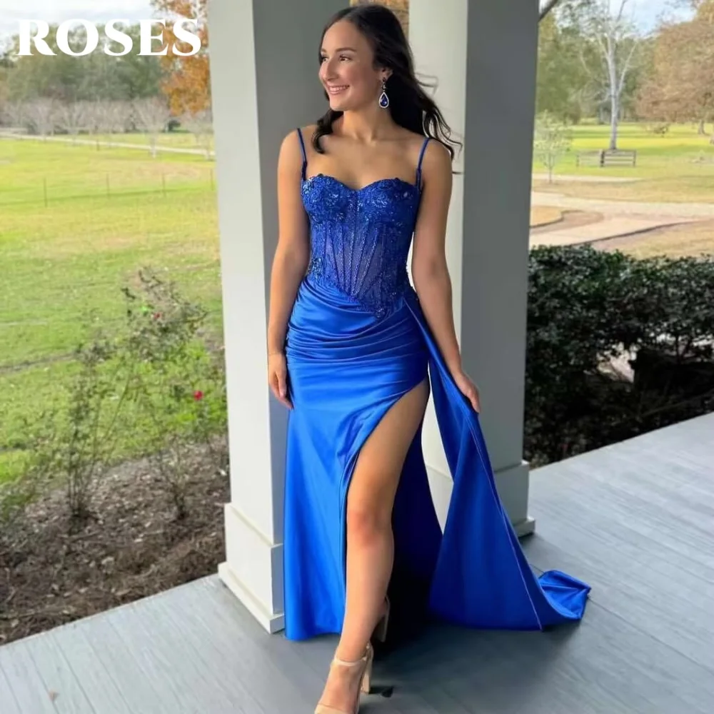 ROSES Navy Blue Lace Stain Prom Dress Spaghetti Strap Evening Dress with High Split Sweetheart Trumpet Party Dresses Customized
ROSES Navy Blue Lace Stain Prom Dress Spaghetti Strap Evening Dress with High Split Sweetheart Trumpet Party Dresses Customized