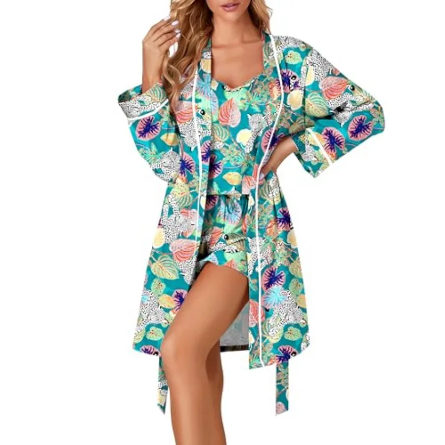 Vrtige Women's Satin Pajamas Set 3 Piece Cami Top and Shorts with Robe Sleepwear Set
Vrtige Women's Satin Pajamas Set 3 Piece Cami Top and Shorts with Robe Sleepwear Set