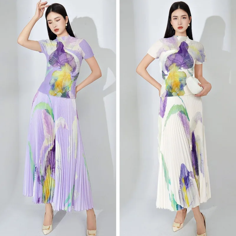 Pleated Women's T-shirt Set Summer Miyake New Printed Slim Short Sleeve Top Peplum Temperament Stretch Half Skirt 2 Piece Set
Pleated Women's T-shirt Set Summer Miyake New Printed Slim Short Sleeve Top Peplum Temperament Stretch Half Skirt 2 Piece Set