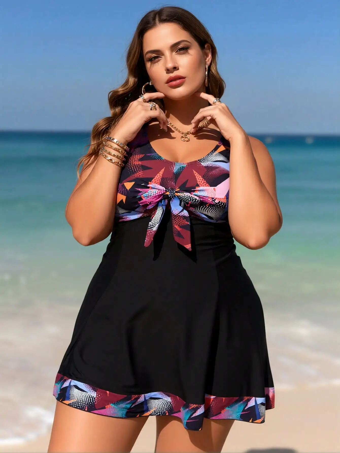 2026 Women's Confident Plus Size Swimdress: Bold Abstract Print Top with Front Bow and Solid Black Flared Skirt
2026 Women's Confident Plus Size Swimdress: Bold Abstract Print Top with Front Bow and Solid Black Flared Skirt