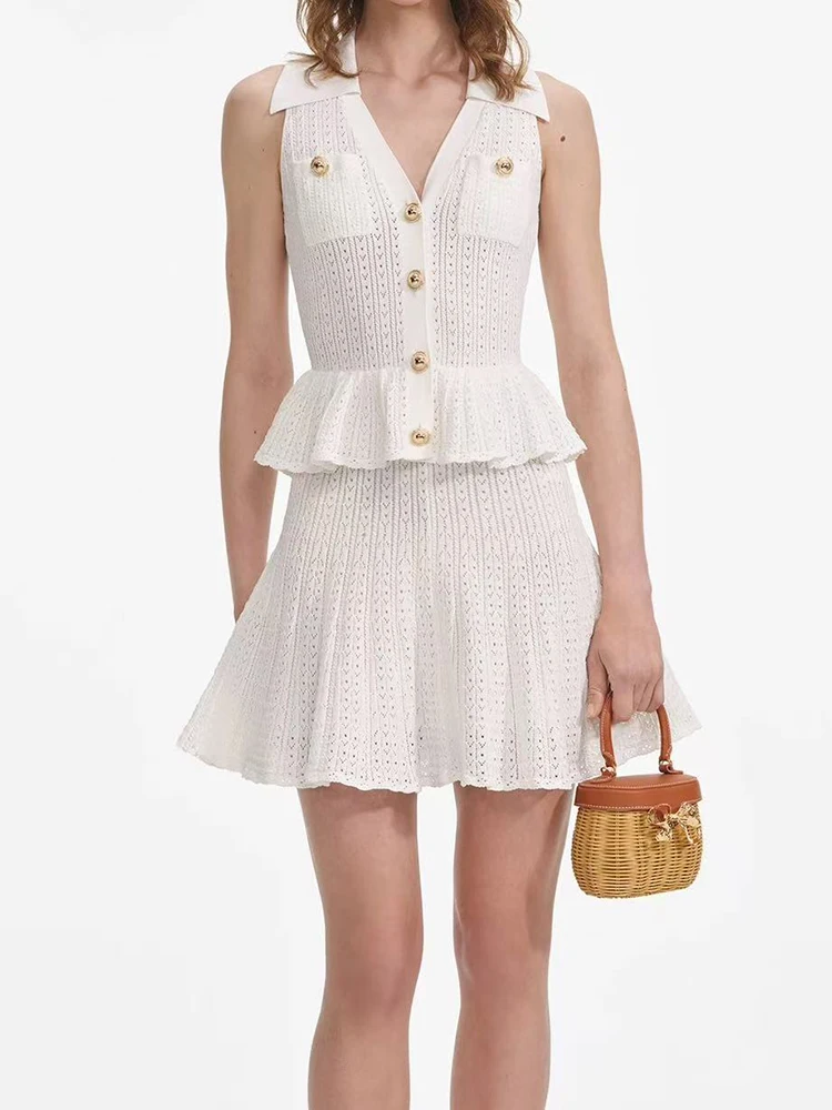 Summer New Fashion White Fake Two Pieces Knitted Dress Women Elegant High Waist Sleeveless Hollow Out A-Line Short Robe Female
Summer New Fashion White Fake Two Pieces Knitted Dress Women Elegant High Waist Sleeveless Hollow Out A-Line Short Robe Female