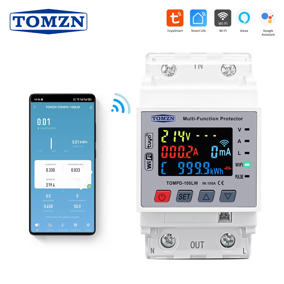 TOMZN TOMPD-100LW AC85-300V 100A WIFI Smart Multifunctional Protector TUYA Smartlife NTC Temp Measurement Protection Leakage
TOMZN TOMPD-100LW AC85-300V 100A WIFI Smart Multifunctional Protector TUYA Smartlife NTC Temp Measurement Protection Leakage