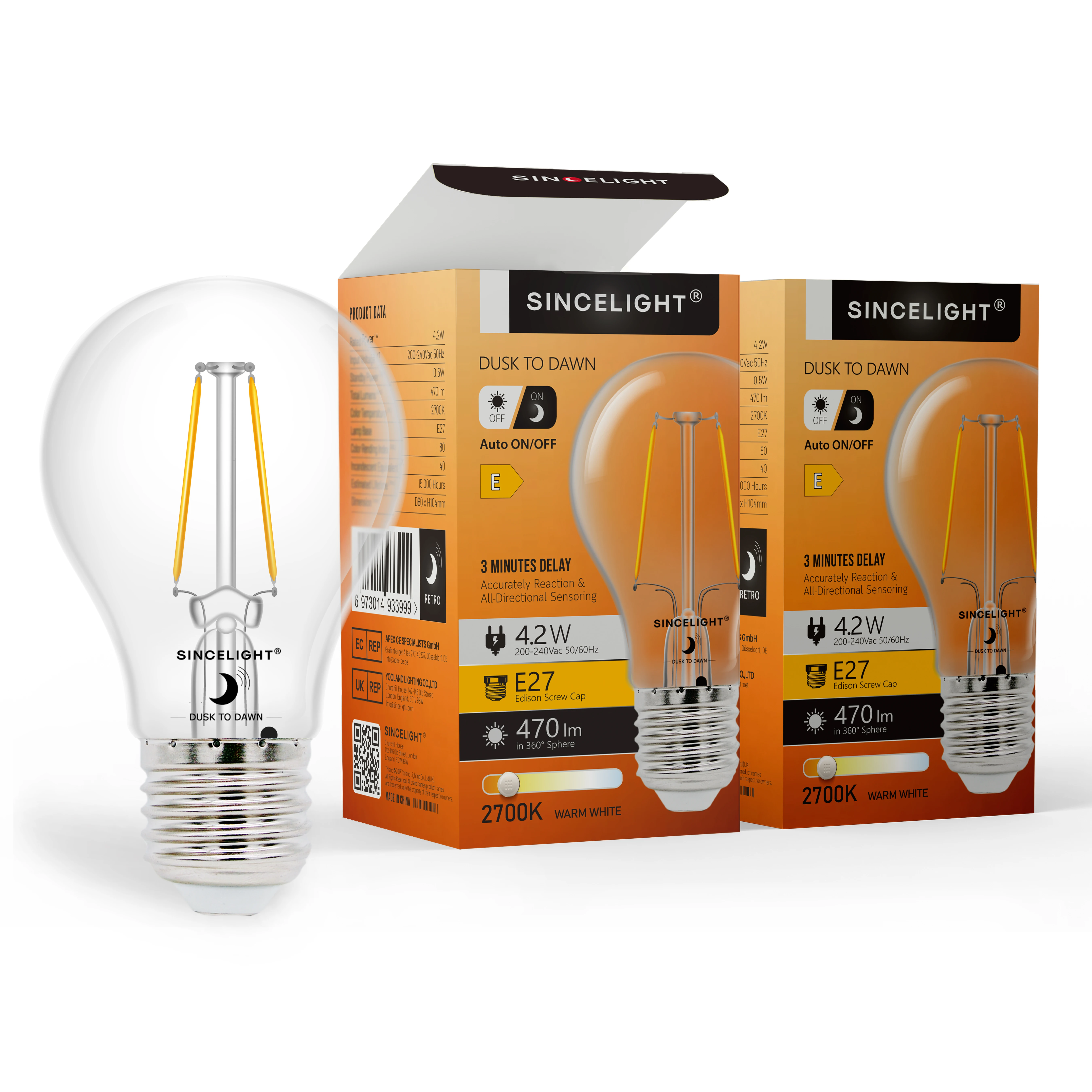 Pack of 2, E27, 4.2W Dusk to Dawn LED Filament Bulb DayLight Sensor Bulb For Outdoor, Automatic ON/OFF, Security Night Light
Pack of 2, E27, 4.2W Dusk to Dawn LED Filament Bulb DayLight Sensor Bulb For Outdoor, Automatic ON/OFF, Security Night Light