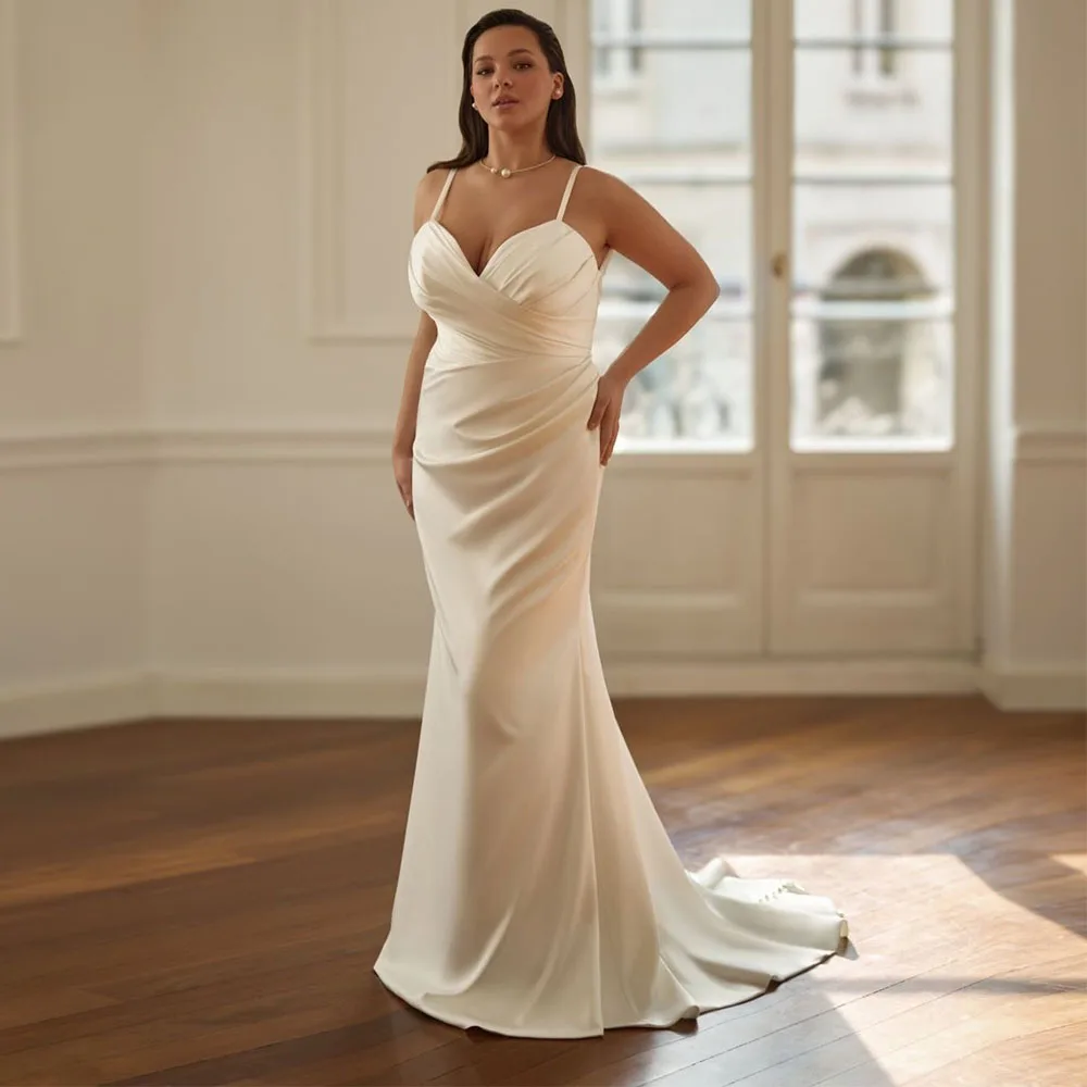 Graceful Satin Spaghetti Straps Wedding Dress Women Plus Size Pleats Court Train Sleeveless Mermaid Bridal Gown Vestido De Novia
Graceful Satin Spaghetti Straps Wedding Dress Women Plus Size Pleats Court Train Sleeveless Mermaid Bridal Gown Vestido De Novia