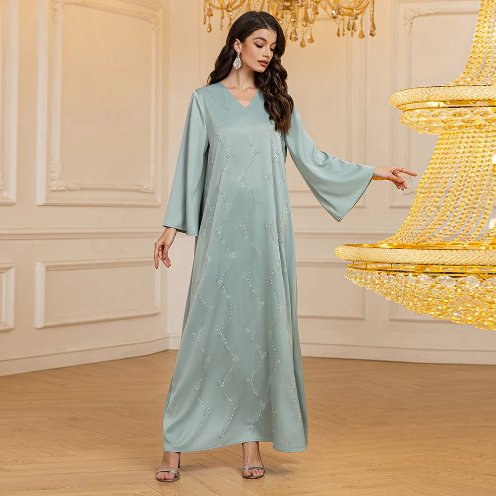 Muslim Evening Dress Rhinestone Jalabiya Women Satin Abaya Diamonds Long Sleeves Dress Hem Kaftan V-Neck Robe Party Vestidos
Muslim Evening Dress Rhinestone Jalabiya Women Satin Abaya Diamonds Long Sleeves Dress Hem Kaftan V-Neck Robe Party Vestidos