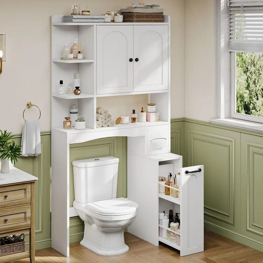 Space-Saving Over Toilet Storage Cabinet with Pulley, Arched Door & Open Shelves, White
Space-Saving Over Toilet Storage Cabinet with Pulley, Arched Door & Open Shelves, White