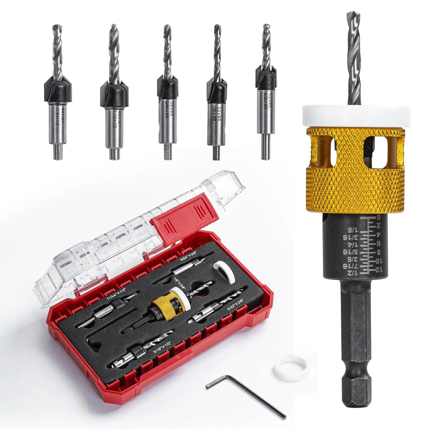 5 Pcs Countersink Drill Bit Set with Low Friction Depth Stop, HSS M2 Bits Tapered Head 1/8-3/16" + 3/8" & 1/2" 82° Counterbore, 1/4" Hex Shank
5 Pcs Countersink Drill Bit Set with Low Friction Depth Stop, HSS M2 Bits Tapered Head 1/8-3/16" + 3/8" & 1/2" 82° Counterbore, 1/4" Hex Shank