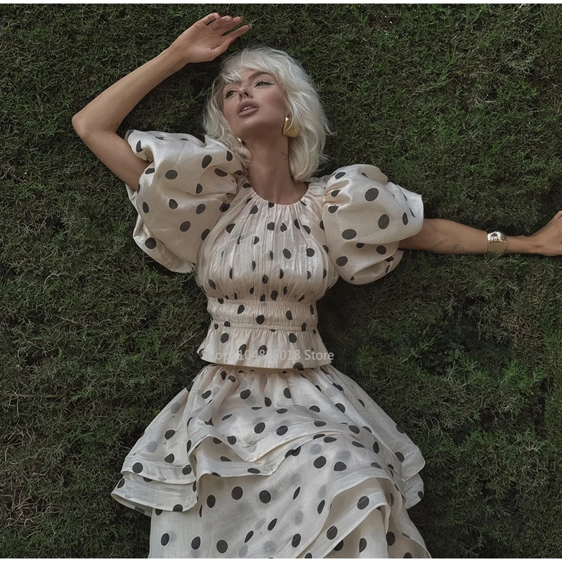 Elegant Polka Dot Cascading Ruffle Top Skirt Sets Women Short Puff Sleeve Pleat Tops Long Skirts 2025 Summer Holiday Lady Outfit
Elegant Polka Dot Cascading Ruffle Top Skirt Sets Women Short Puff Sleeve Pleat Tops Long Skirts 2025 Summer Holiday Lady Outfit