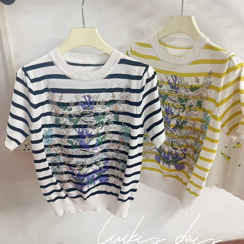 Summer Chic Vintage Thin Knitted Embroidery T-shirt Women Short Sleeve Fashion Letter Jacquard Casual Comfortable Tops
Summer Chic Vintage Thin Knitted Embroidery T-shirt Women Short Sleeve Fashion Letter Jacquard Casual Comfortable Tops