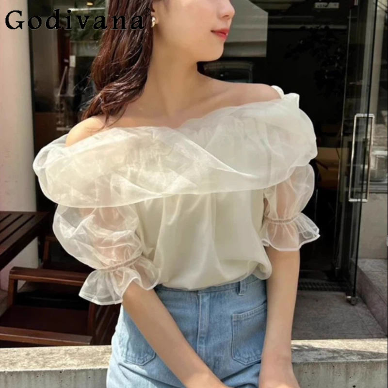 Japanese Sweet Off -Shoulder Slash Neck Gauze Shirts Women's Spring and Summer Loose Fashion Solid Color Tops Two-color Entry
Japanese Sweet Off -Shoulder Slash Neck Gauze Shirts Women's Spring and Summer Loose Fashion Solid Color Tops Two-color Entry