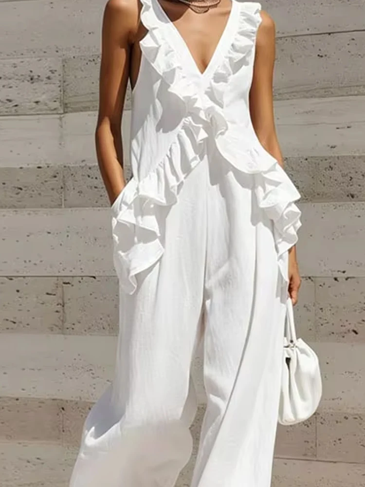 Elegant V Neck Ruffled Vacation Jumpsuit Sleeveless Wide Leg Pant Casual Long Romper Women Fashion Pocket Solid Loose Playsuits
Elegant V Neck Ruffled Vacation Jumpsuit Sleeveless Wide Leg Pant Casual Long Romper Women Fashion Pocket Solid Loose Playsuits