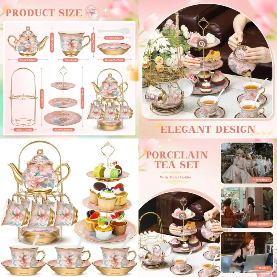 21 Pcs Ceramic Teapot Set Vintage Porcelain Tea Cups with Metal Holder and High Tier Cupcake Stand Saucers for Women Girls Farm
21 Pcs Ceramic Teapot Set Vintage Porcelain Tea Cups with Metal Holder and High Tier Cupcake Stand Saucers for Women Girls Farm