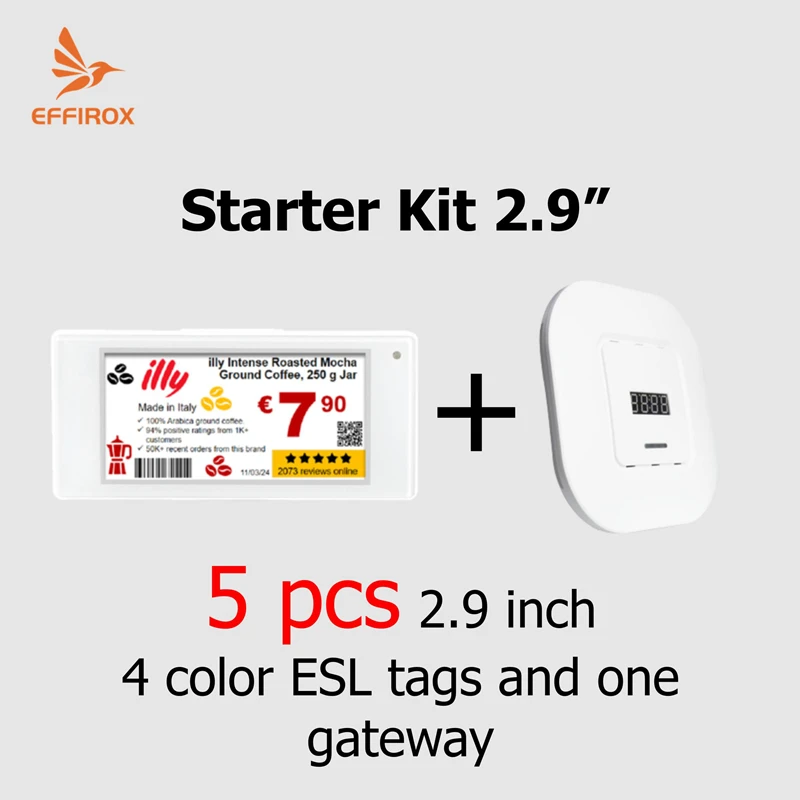 2.9 inch starter kit includes 5 electronic shelf labels and 1 gateway, digital price tags for stores
2.9 inch starter kit includes 5 electronic shelf labels and 1 gateway, digital price tags for stores