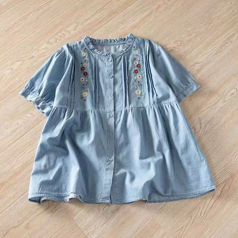 Summer Embroidered Flower Black Ear Collar Short-sleeved Shirt Women Clothing Organ-shaped Pleated Denim Shirts & Blouses U062
Summer Embroidered Flower Black Ear Collar Short-sleeved Shirt Women Clothing Organ-shaped Pleated Denim Shirts & Blouses U062