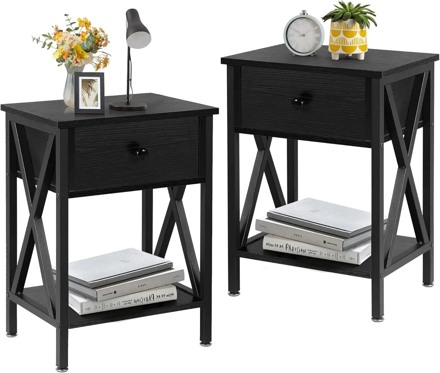Set of 2 Nightstands with Drawer and Shelf, Industrial Bedside End Tables for Living Room Bedroom, 11.8"D x 15.8"W x 21.7"H
Set of 2 Nightstands with Drawer and Shelf, Industrial Bedside End Tables for Living Room Bedroom, 11.8"D x 15.8"W x 21.7"H