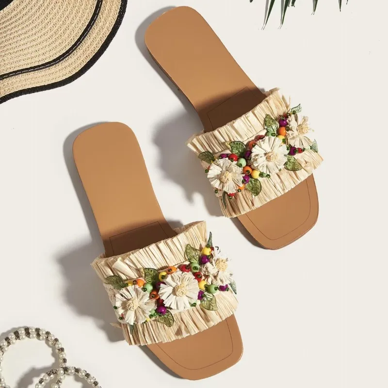 Тапочки абрикосового цвета с цветочным декором для лета на открытом воздухе, новая женская обувь больших размеров, пляжная обувь с квадратным носком и плоской подошвой 
Тапочки абрикосового цвета с цветочным декором для лета на открытом воздухе, новая женская обувь больших размеров, пляжная обувь с квадратным носком и плоской подошвой