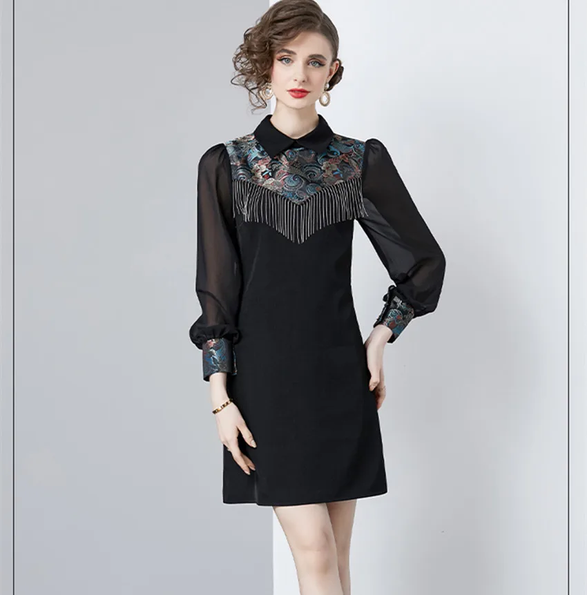 Retro 2024 Spring Chinese Style Embroidery Flower Black Mini Dress Women's Doll Collar Beaded Tassel Office Ladies A Line Dress
Retro 2024 Spring Chinese Style Embroidery Flower Black Mini Dress Women's Doll Collar Beaded Tassel Office Ladies A Line Dress