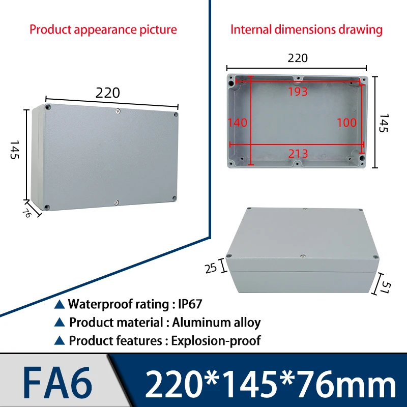 Aluminum cast explosion-proof junction box FA6,220*145*76mm, outdoor exposed metal waterproof box
Aluminum cast explosion-proof junction box FA6,220*145*76mm, outdoor exposed metal waterproof box