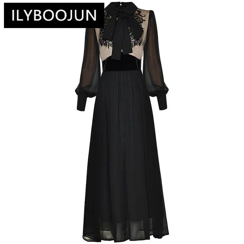 

ILYBOOJUN Spring Fashion Designer Black Vintage Spliced Dress Women's Lapel Bow Beading Embroidery Sequins Mesh Slim Long Dress
