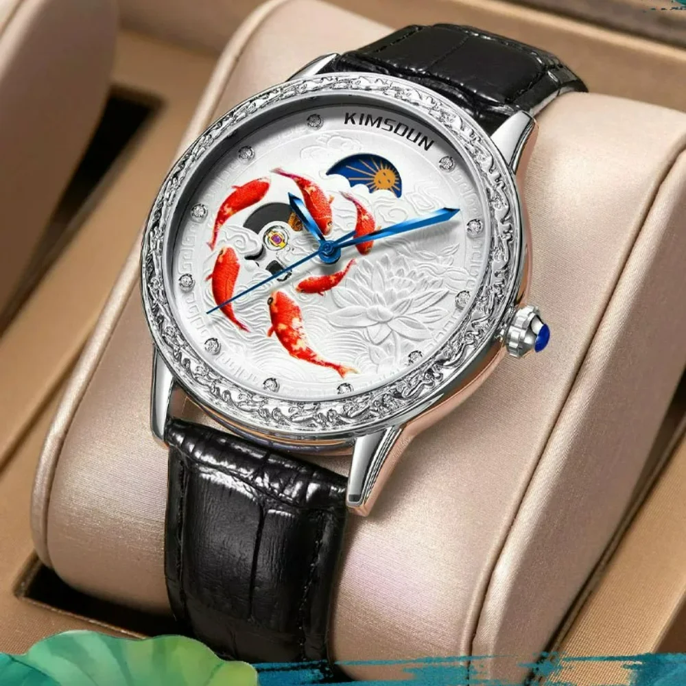 Embossed Skeleton Watch Day Display Koi Fish Pattern Rhinestone Inlaid Men's Wristwatch Automatic Mechanical Watch for Men