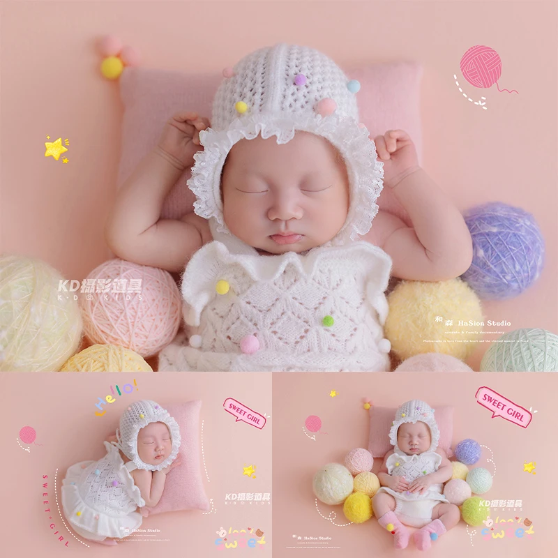 Newborn Baby Girl Photography Outfit White Lace Romper, Knit Hat & Socks, Cute Infant Photo Shoot Costume with Yarn Ball Props
Newborn Baby Girl Photography Outfit White Lace Romper, Knit Hat & Socks, Cute Infant Photo Shoot Costume with Yarn Ball Props