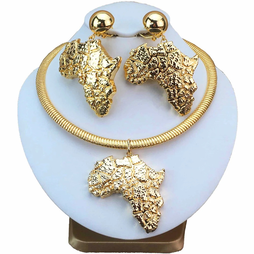 Модный комплект ювелирных изделий из Дубая с золотым покрытием в простом стиле ожерелье с подвеской в форме большой Африки серьги для женщин FHK17032
Модный комплект ювелирных изделий из Дубая с золотым покрытием в простом стиле ожерелье с подвеской в форме большой Африки серьги для женщин FHK17032